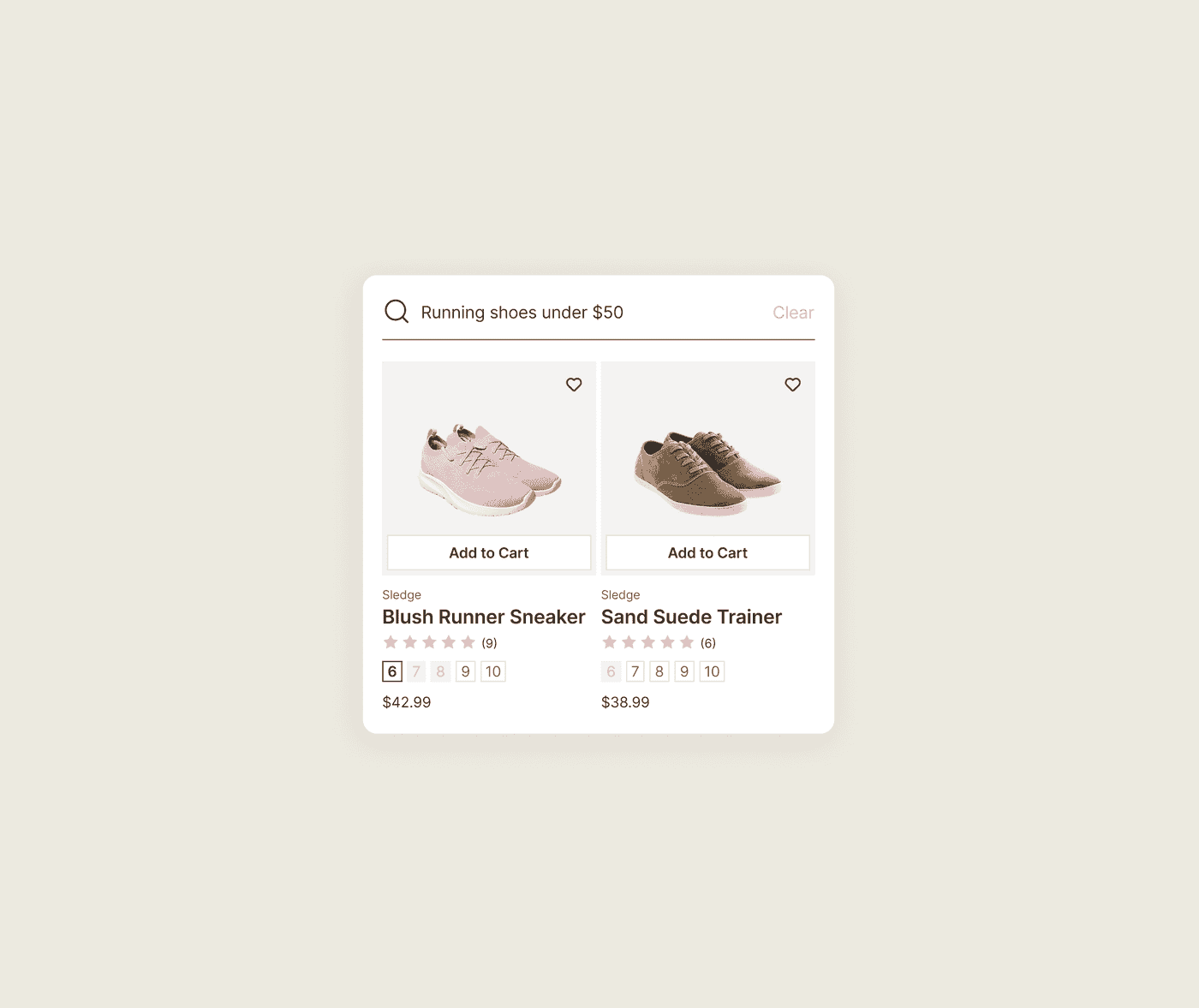 A Shopify search reading the sentence running shoes under $50 and returning matching sneakers and trainers.