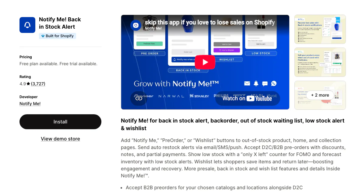 The Notify Me! Back in Stock Alert listing on the Shopify App Store, Built for Shopify.