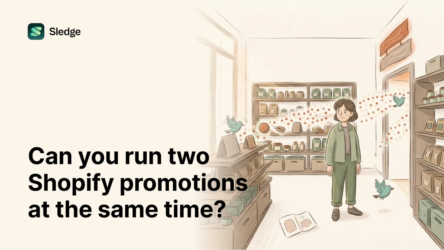 A shopkeeper stands in a shop as two birds carry a trail of glowing dots and a price tag between the shelves and an open doorway, with a book lying open on the floor.