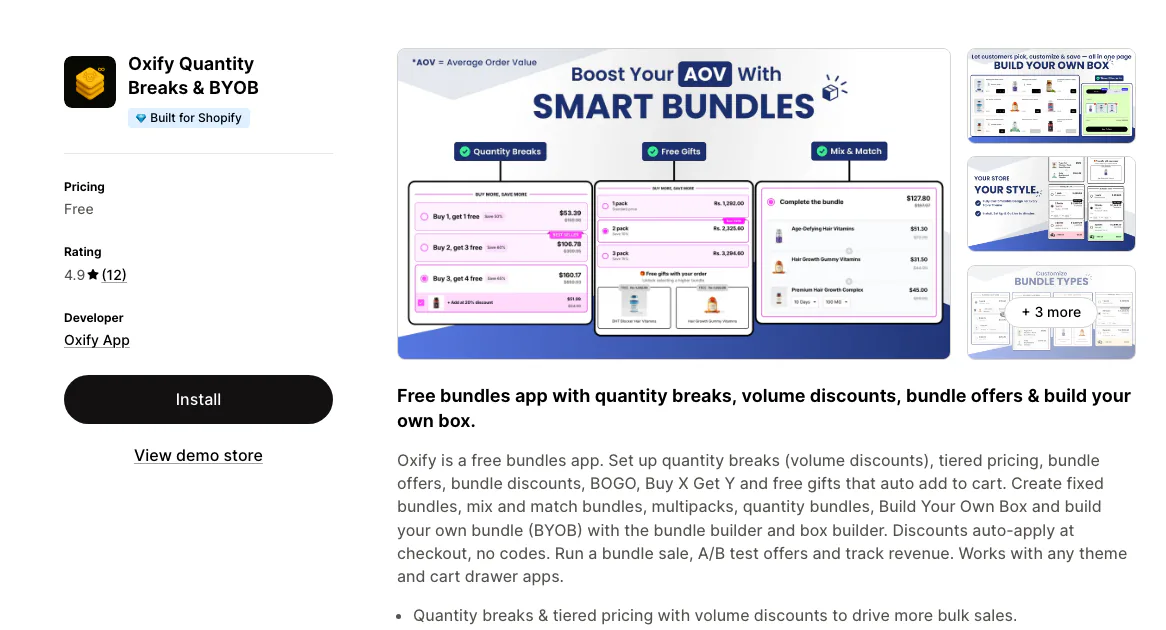 The Oxify Quantity Breaks and BYOB listing on the Shopify App Store, Built for Shopify, rated 4.9 from 12 reviews, free with no paid tier.