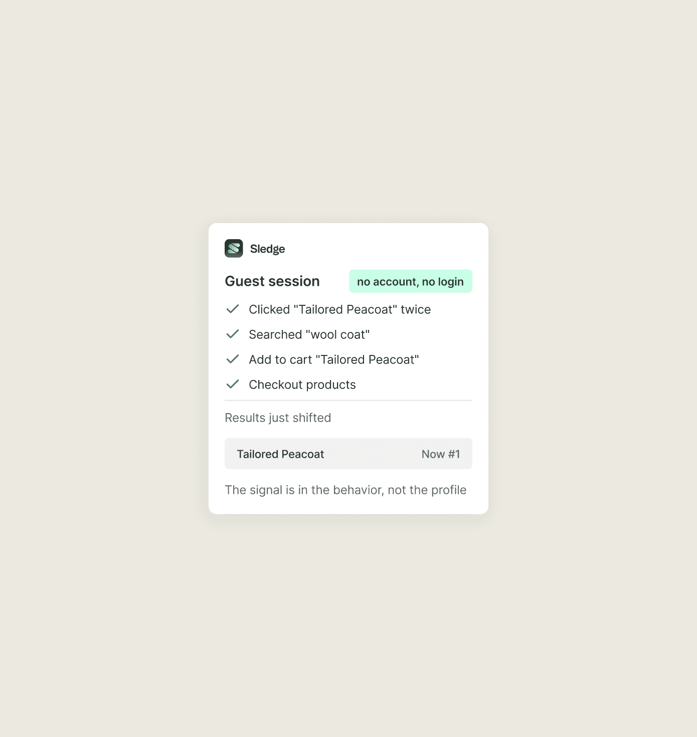 Personalization signals in Sledge: search history, product clicks, add to cart, and purchases, each switched on or off.