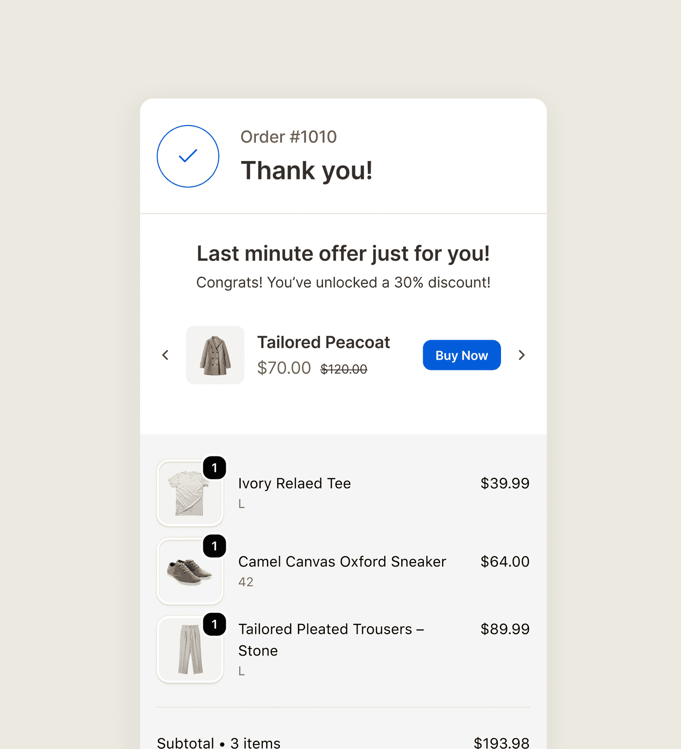 A post-purchase offer on the Shopify thank you page, added right from the confirmation page.