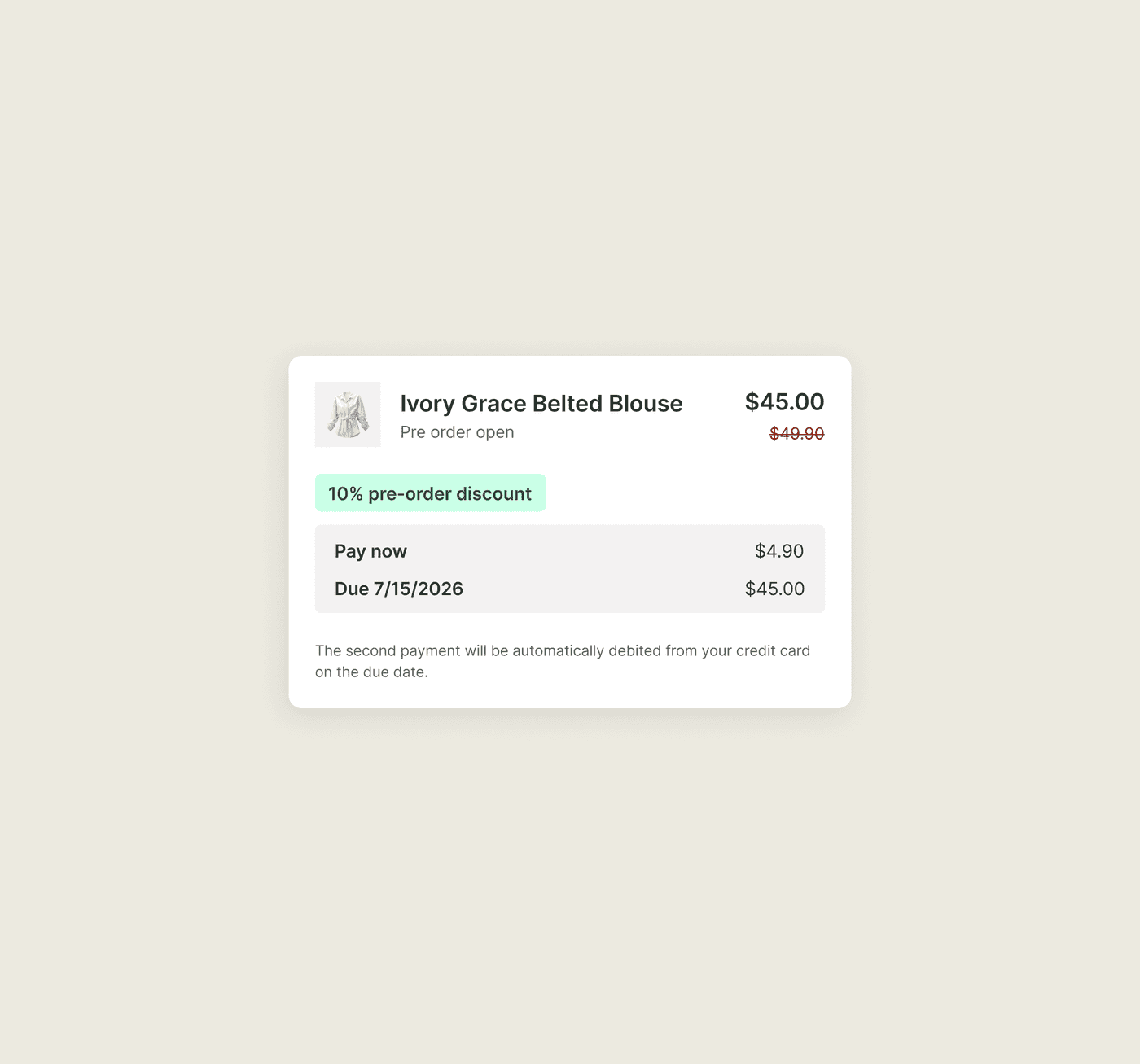 A Shopify pre-order taking a deposit now, with the balance due on a date you set.