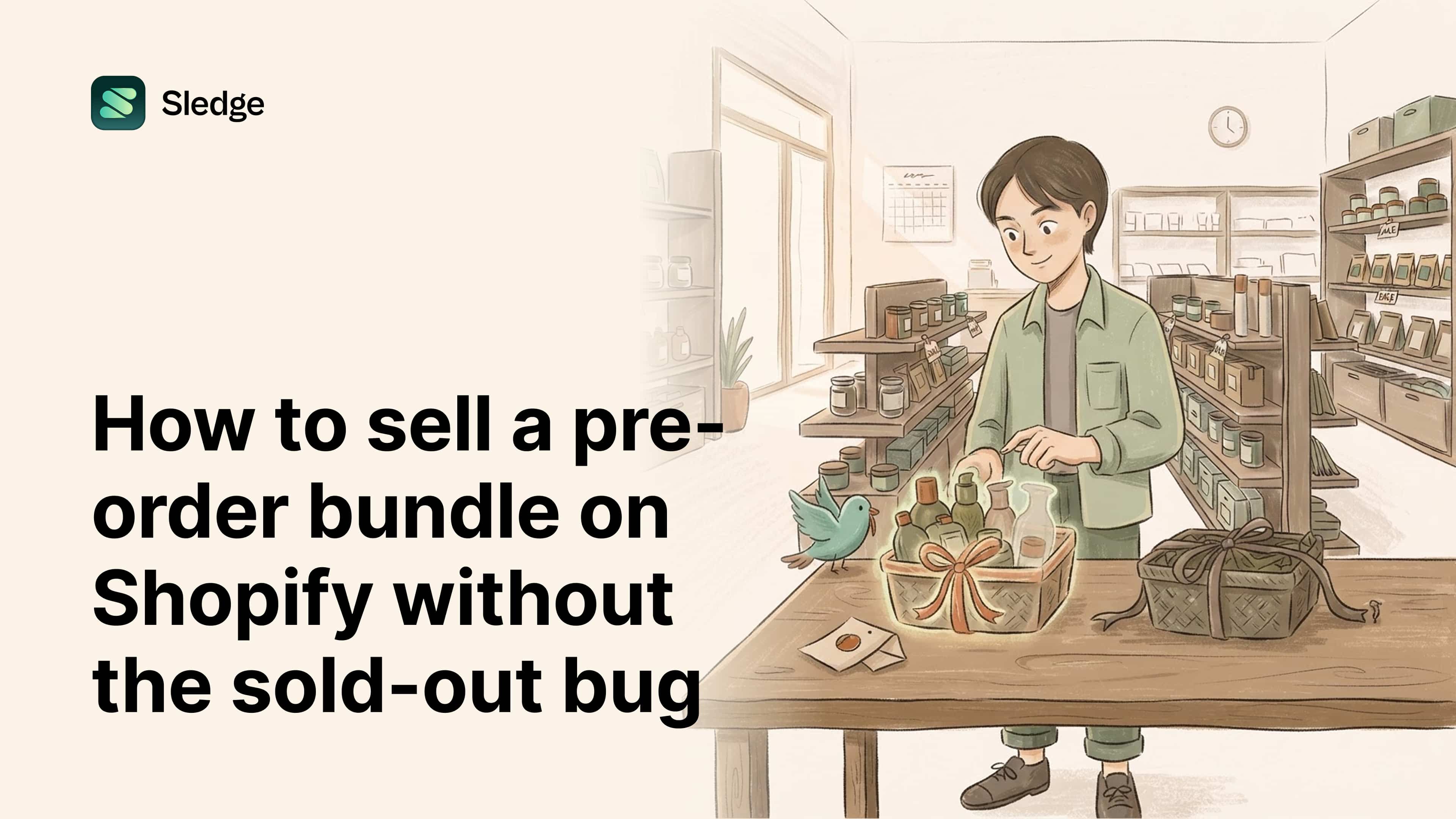 Illustration of a glowing gift basket of bottles tied with ribbon, set out on the shop table before stock arrives.