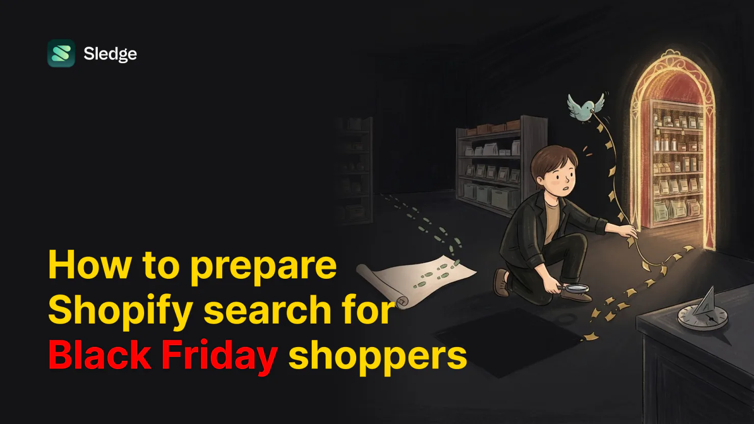 A shopkeeper with a magnifying glass follows a trail of gold tags across a dark floor toward a glowing archway of labelled jars, a teal bird lifting the trail as it goes.