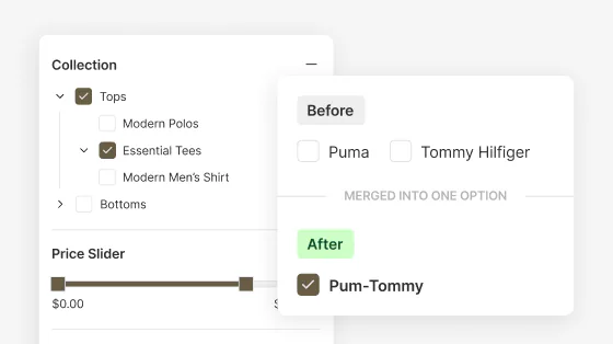 A collection filter panel beside a card showing two brand values, Puma and Tommy Hilfiger, merged into a single option.