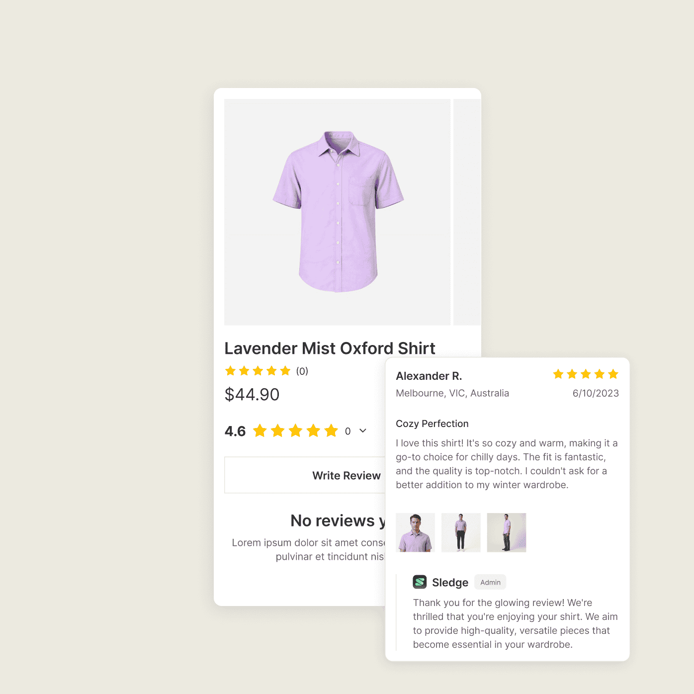A Shopify product page carrying a 4.6 star summary and its full review list on the page.