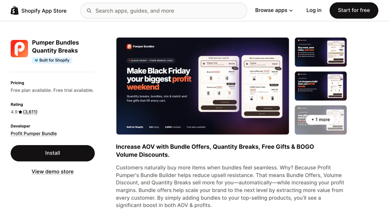 The Pumper Bundles listing on the Shopify App Store: its summary, followed by screenshots.