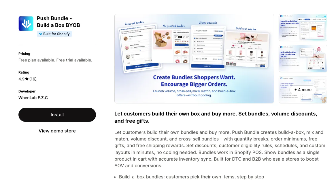 The Push Bundle: Build a Box BYOB listing on the Shopify App Store by WhenLab, Built for Shopify, rated 4.9 from 16 reviews.
