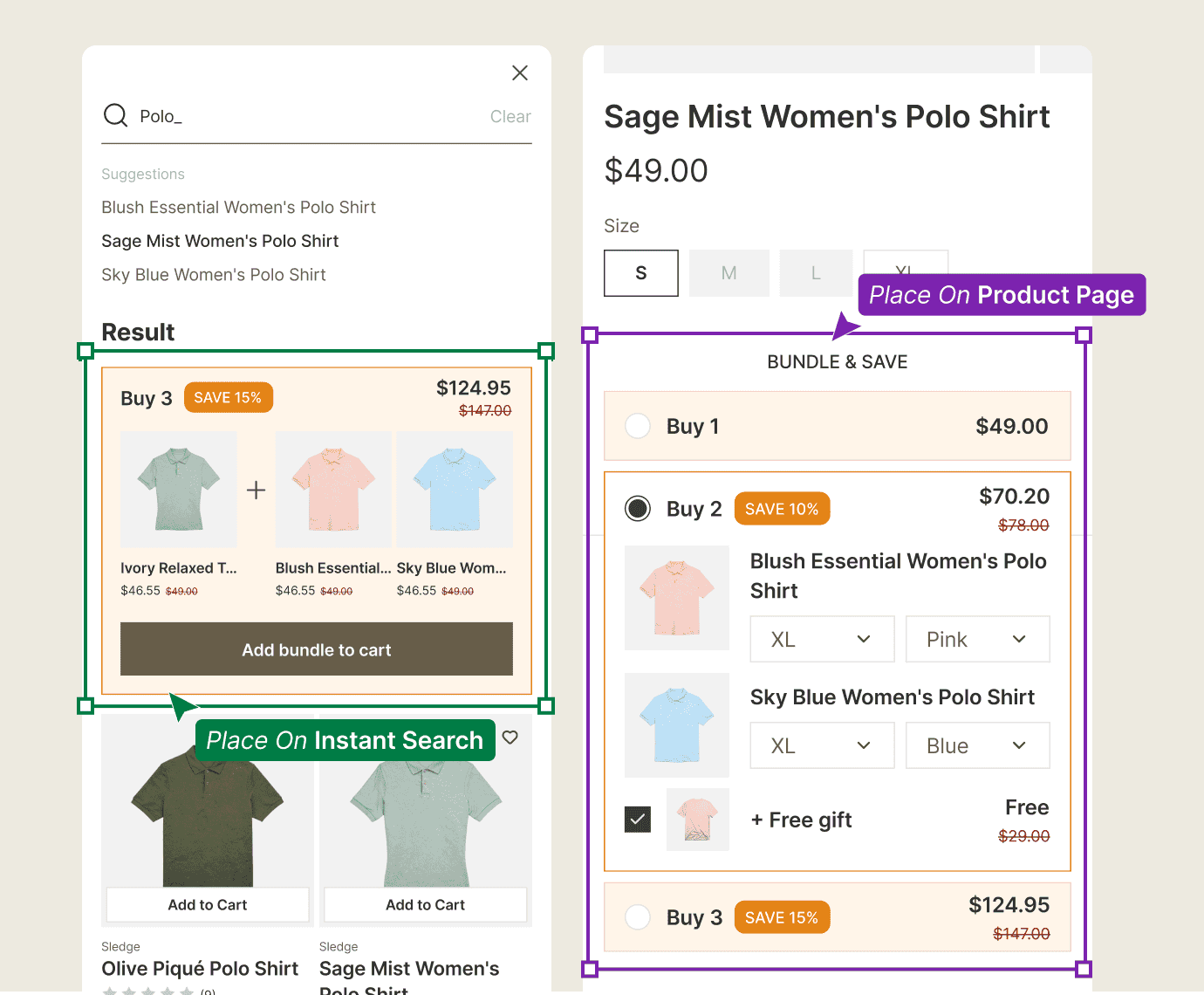 The same Shopify quantity break shown on the product page and inside instant search.