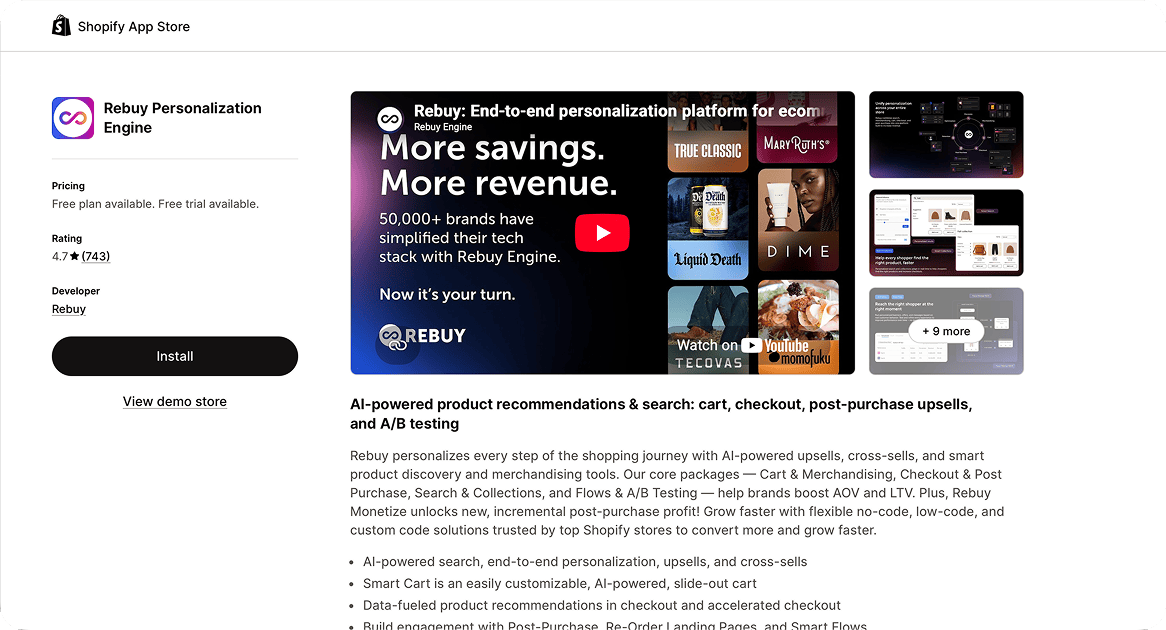 The Rebuy Personalization Engine listing on the Shopify App Store, rated 4.7 from 743 reviews with a free plan available.