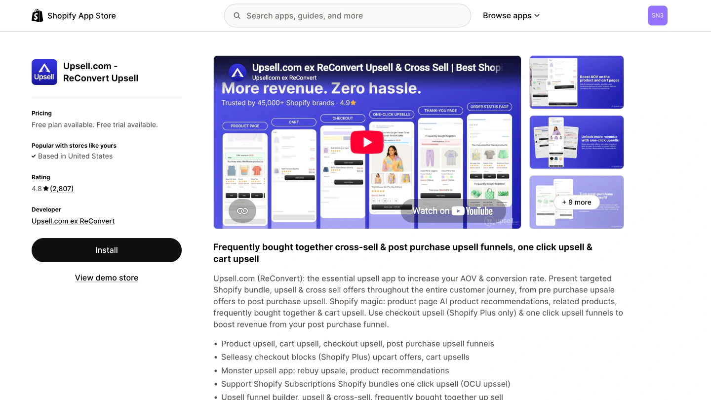 The Upsell.com - ReConvert Upsell listing on the Shopify App Store, rated 4.8 from 2,807 reviews with a free plan and a free trial.