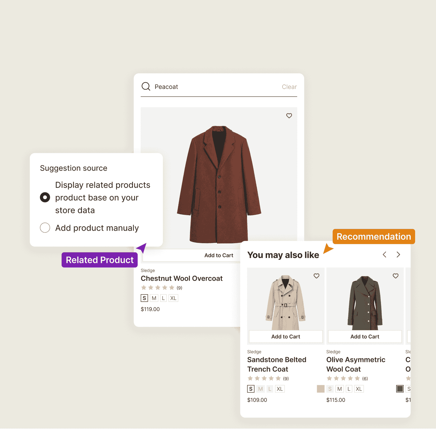 A Shopify You may also like row repeating near identical coats instead of the pieces that go with them.