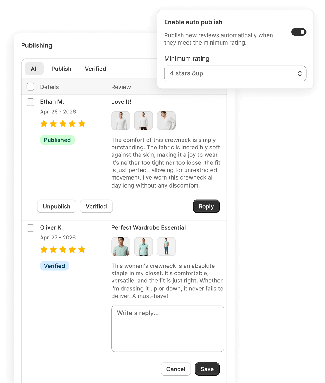 Shopify review moderation with verified badges, replies, and auto publish above a minimum rating.