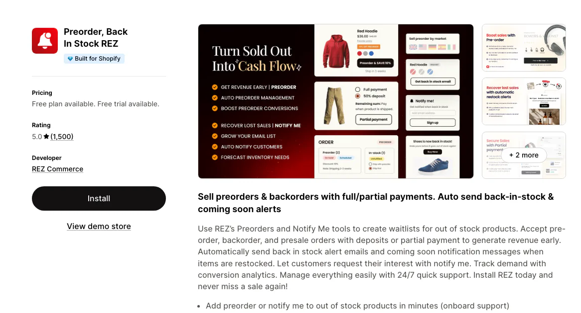 The Preorder, Back In Stock REZ listing on the Shopify App Store by REZ Commerce, Built for Shopify.