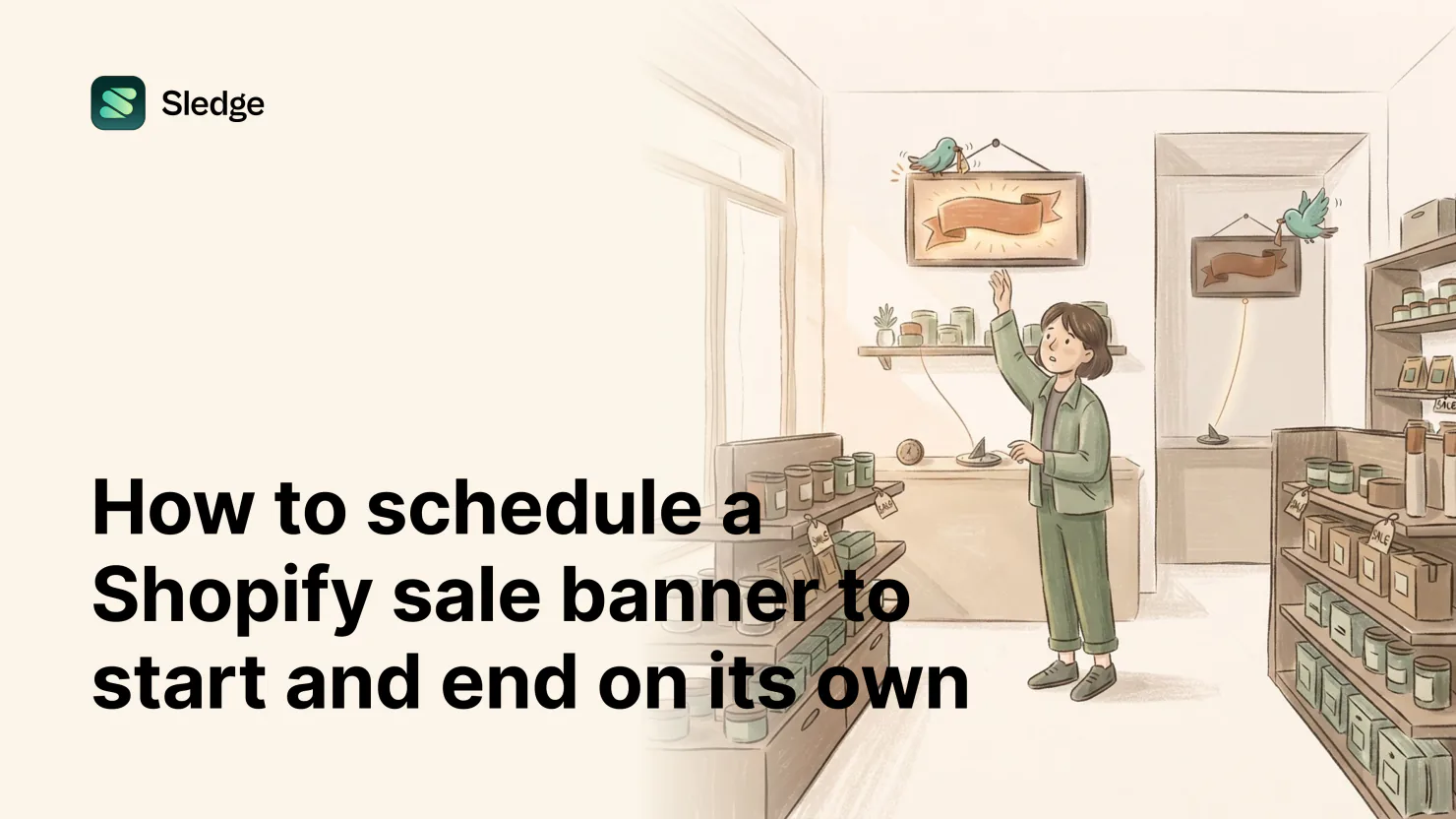 A shopkeeper reaches up to a glowing framed sale ribbon while two teal birds hang the banners, a small clock and a sundial on the counter below.