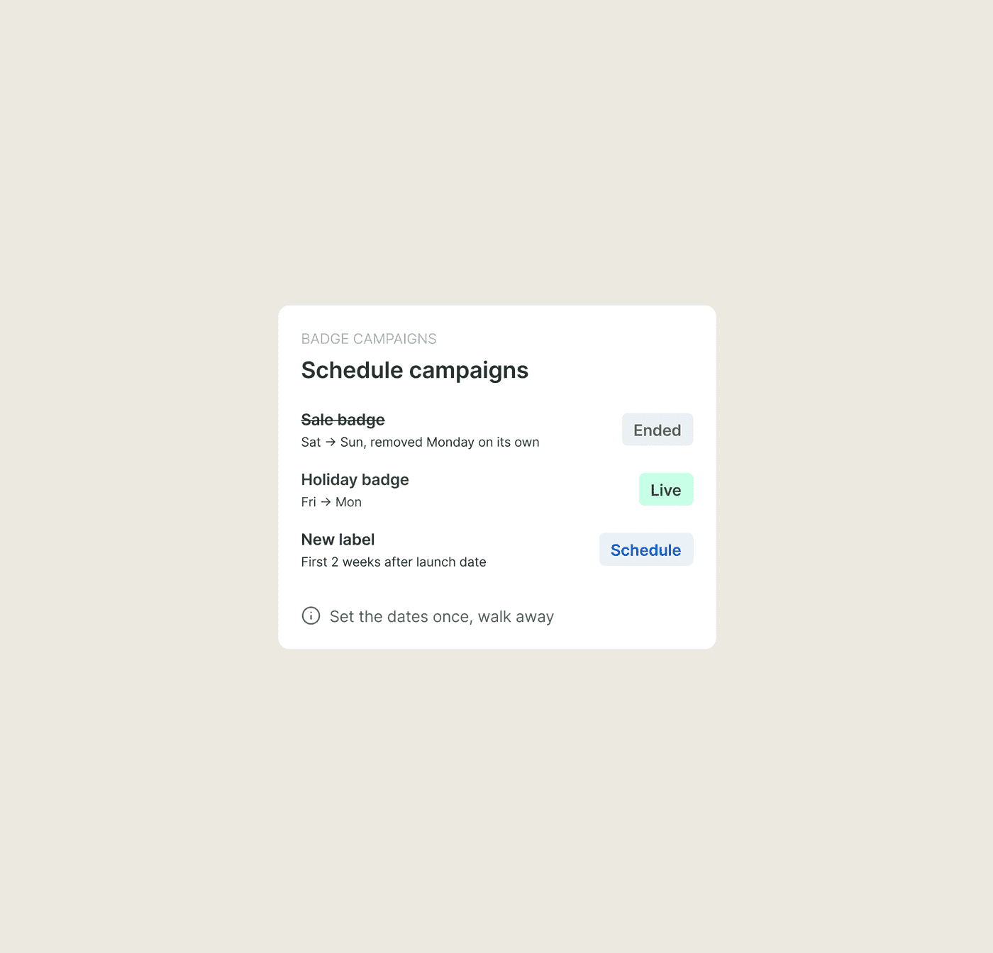 Scheduled Shopify badge campaigns switching on and off by date on their own.