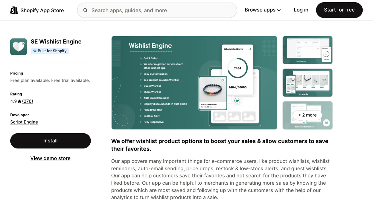 The SE Wishlist Engine listing on the Shopify App Store, showing its summary and screenshots.