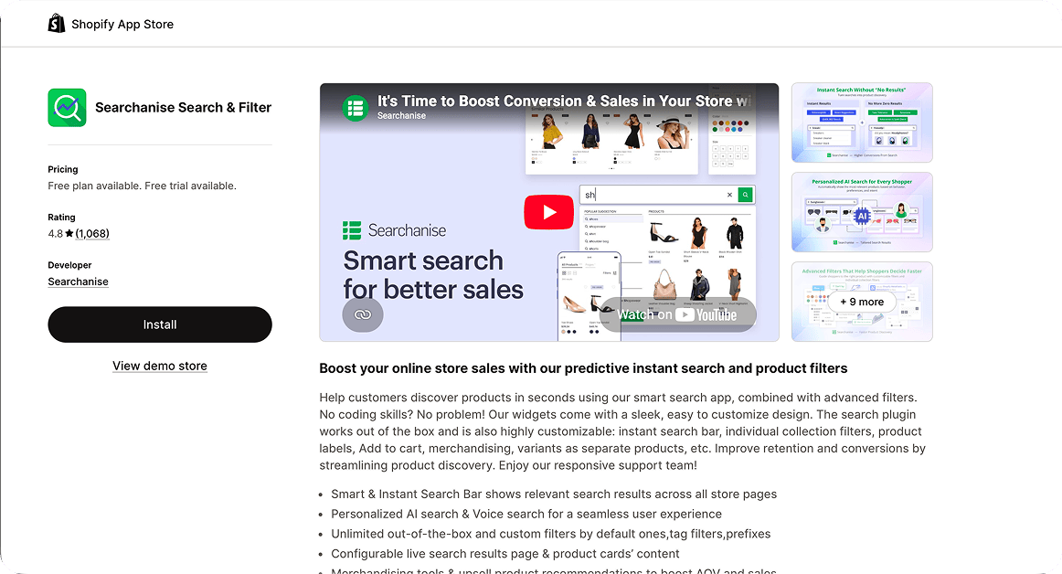 The Searchanise Search and Filter listing on the Shopify App Store, rated 4.8 from 1,068 reviews with a free plan available.