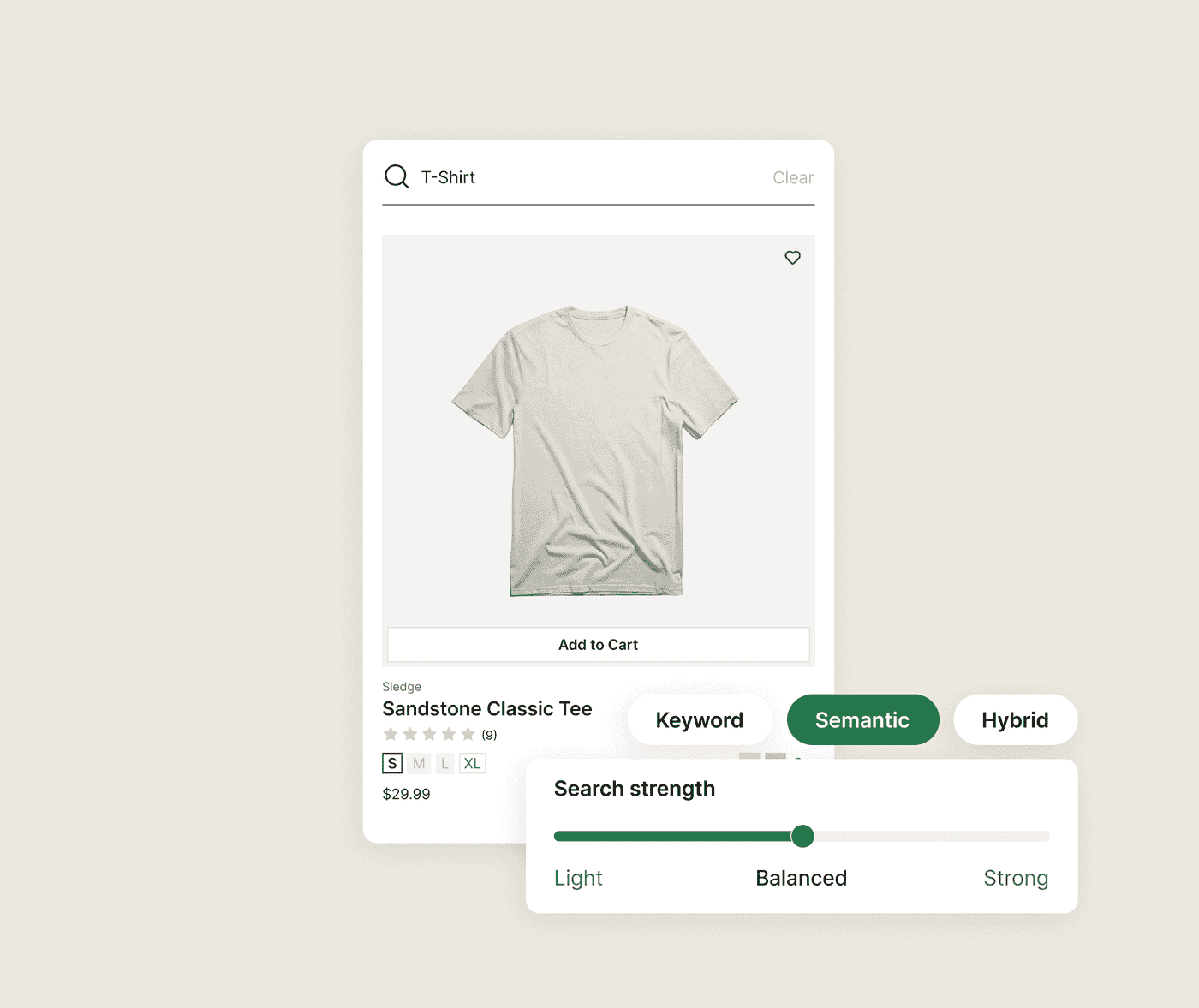 Semantic mode selected in Sledge Shopify search, with the relevance strength slider tuned by hand.