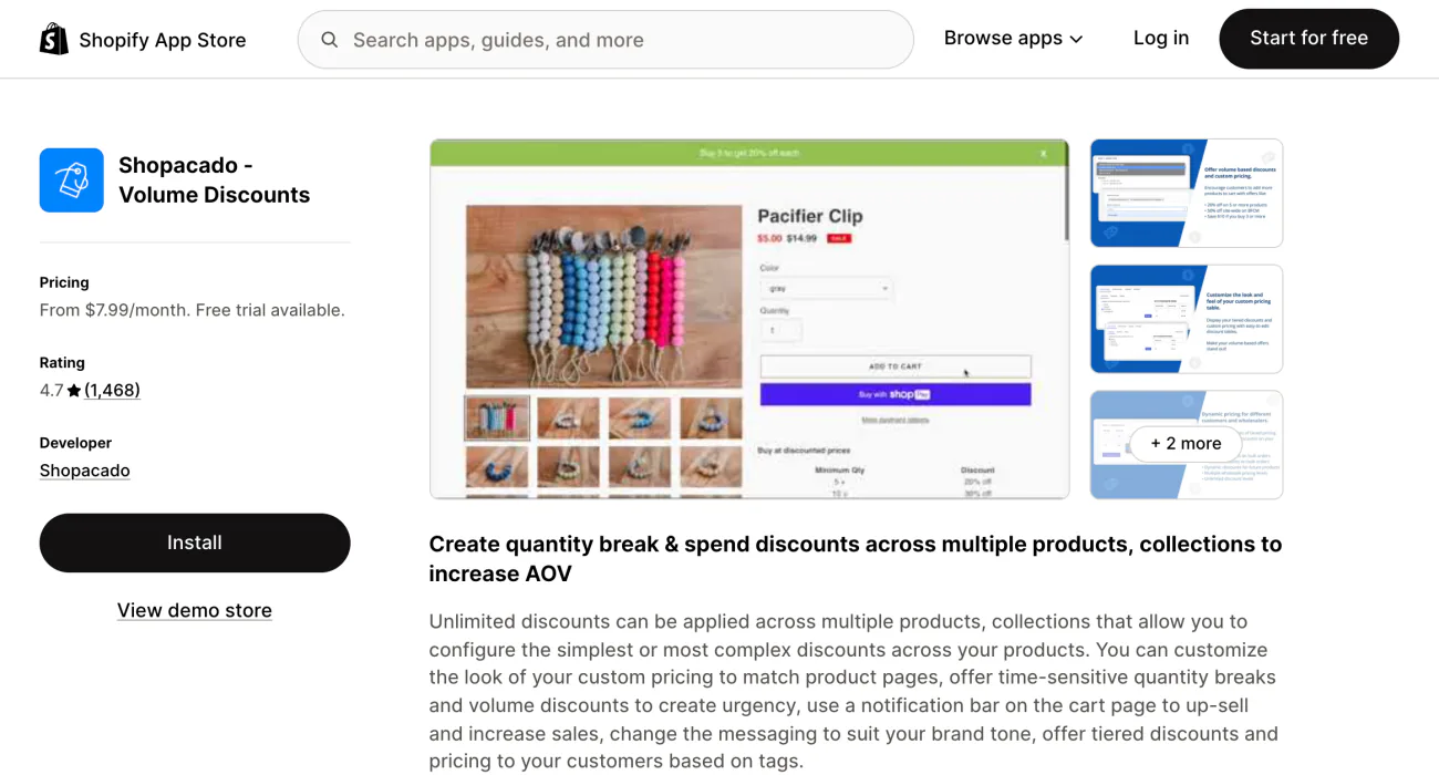 The Shopacado Volume Discounts listing on the Shopify App Store, showing the app summary and screenshots.