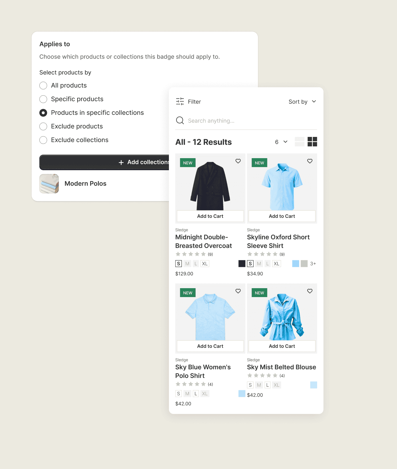 One Shopify badge campaign aimed at specific products and collections, with exclusions.
