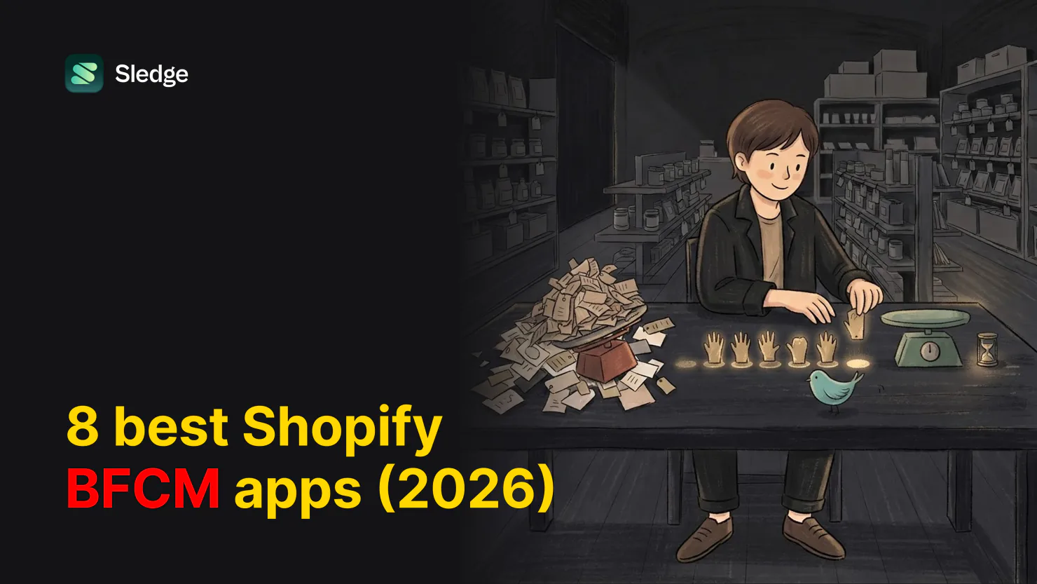 A shopkeeper sits at a dark counter sorting a heap of paper tags into a lit row, with a teal bird watching, a balance scale and an hourglass beside them.