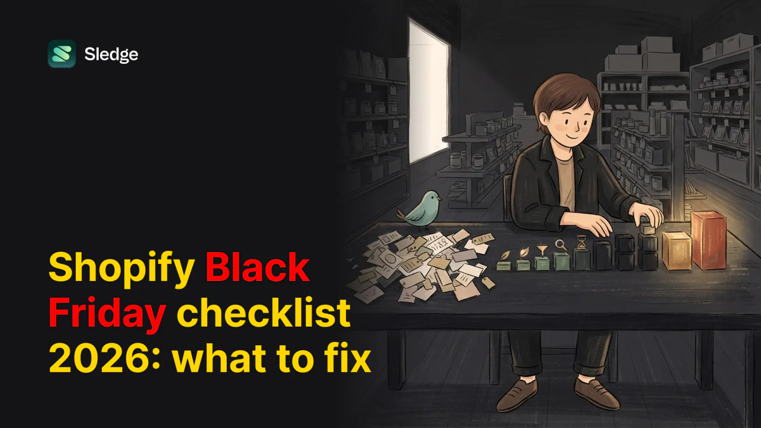 A shopkeeper at a dark stockroom counter sorts a scattered pile of tags into a neat ascending row of boxes as a teal bird looks on.