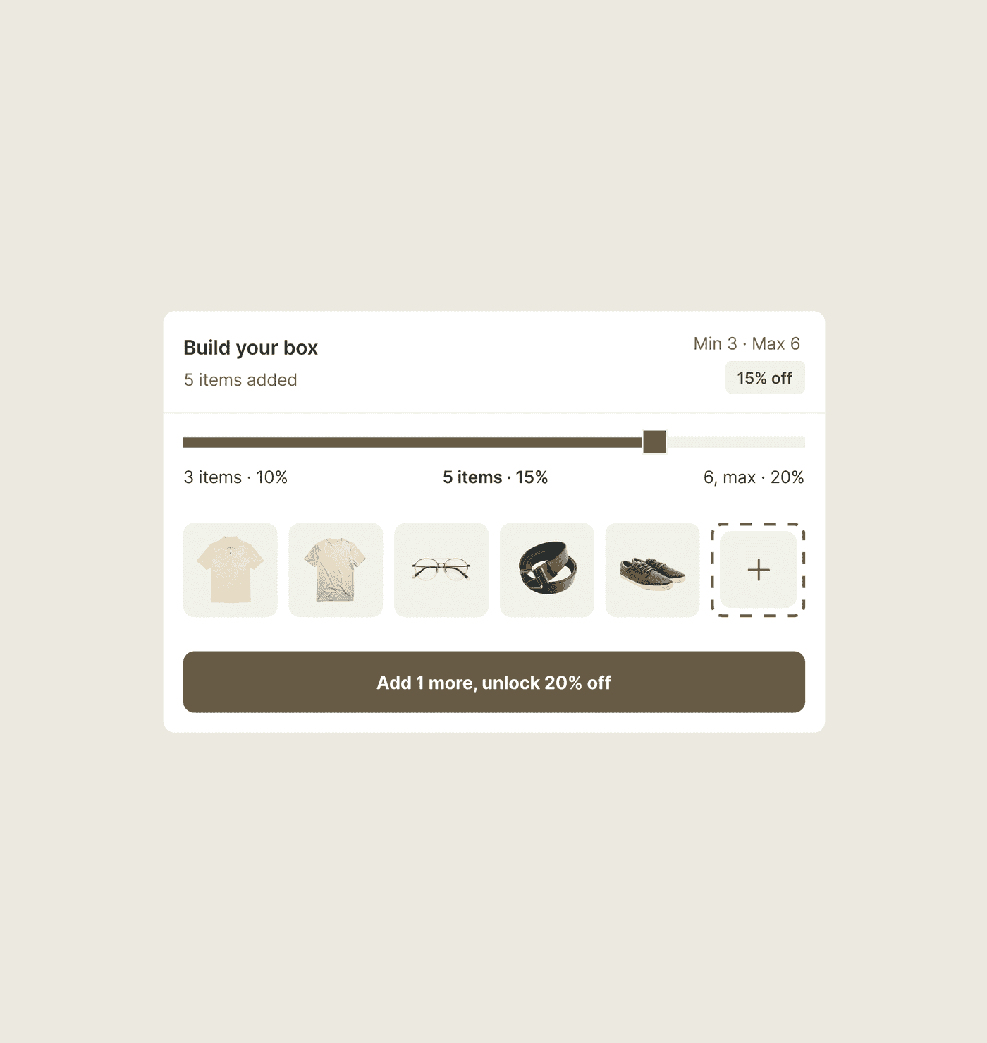 A Shopify build a box with a 3 item minimum, a 6 item maximum, and discounts climbing to 20 percent.