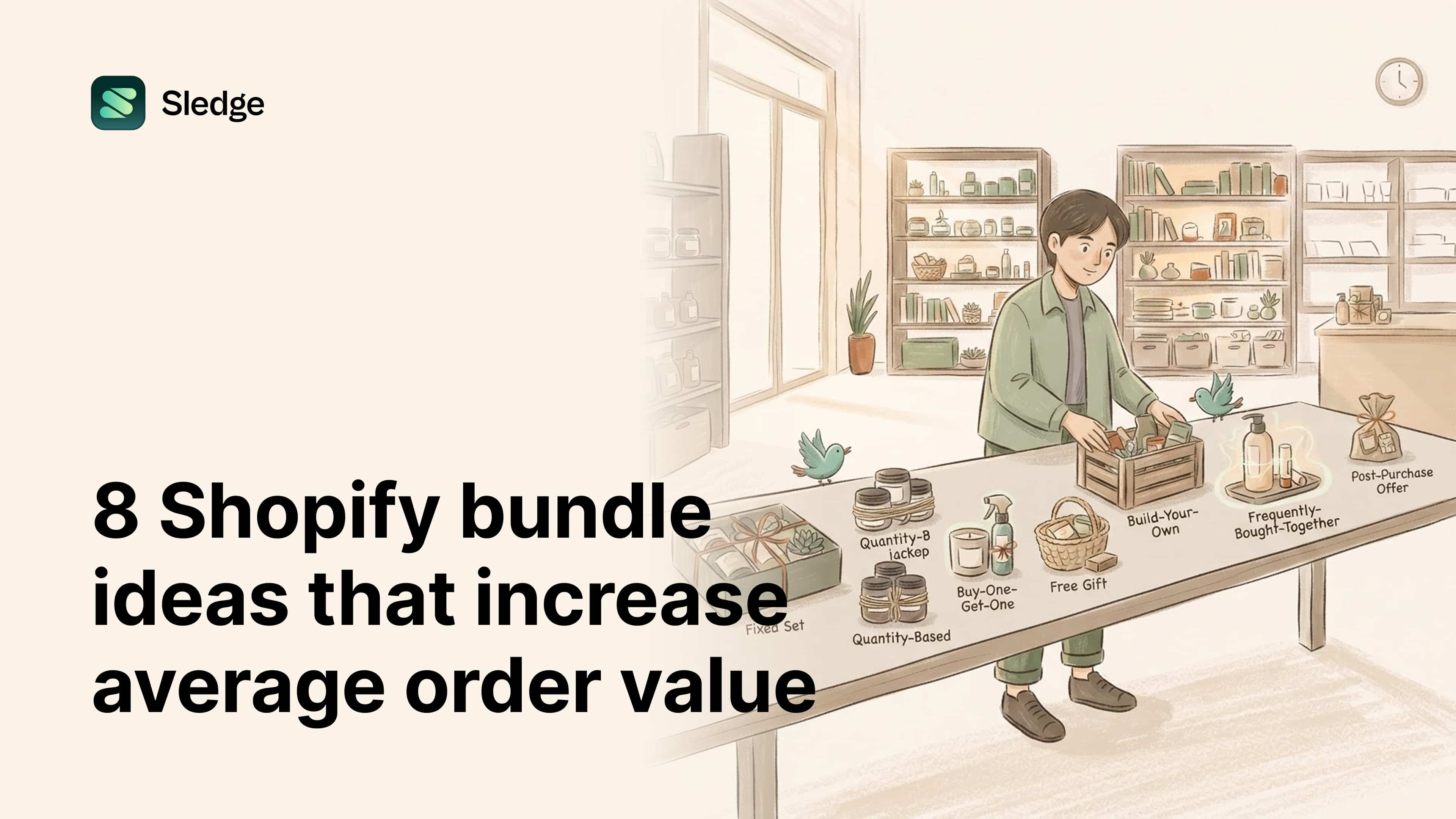 A shopkeeper arranges labeled bundle types on one long table, from fixed set and free gift to a post-purchase offer