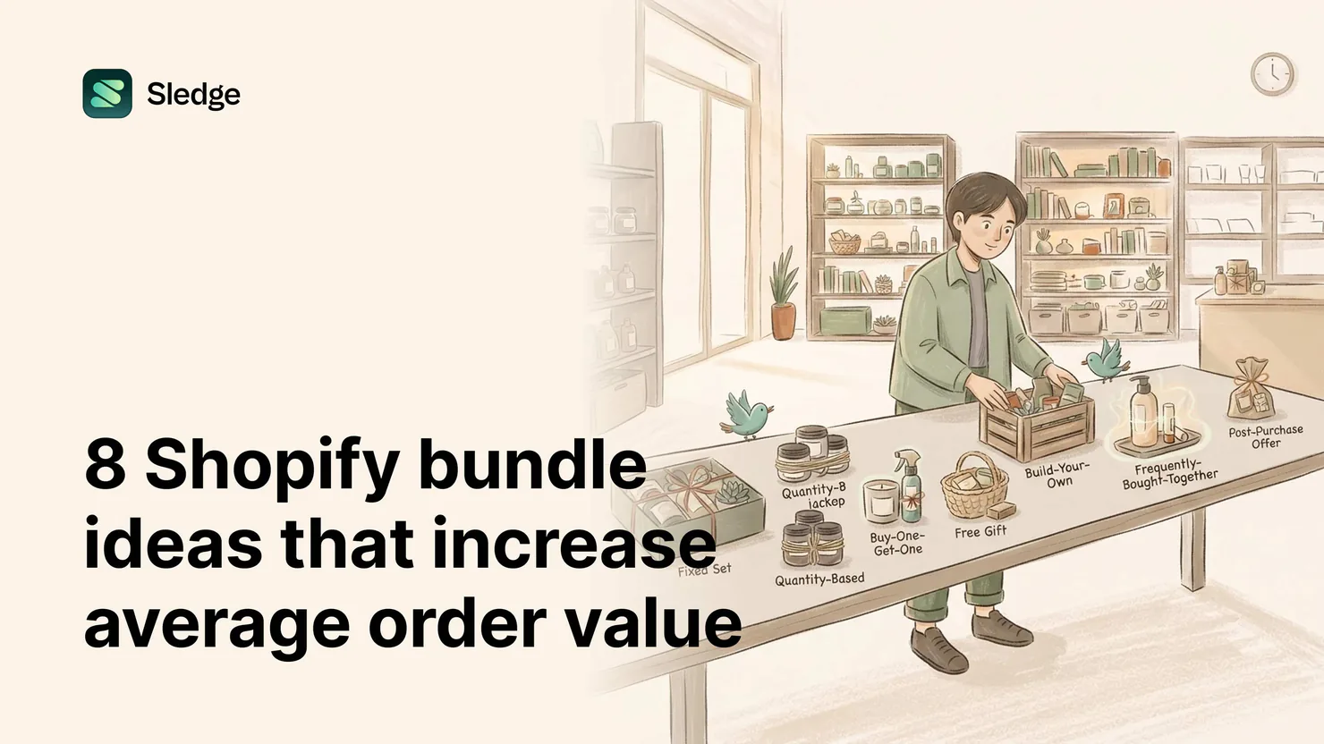 A shopkeeper arranges labeled bundle types on one long table, from fixed set and free gift to a post-purchase offer