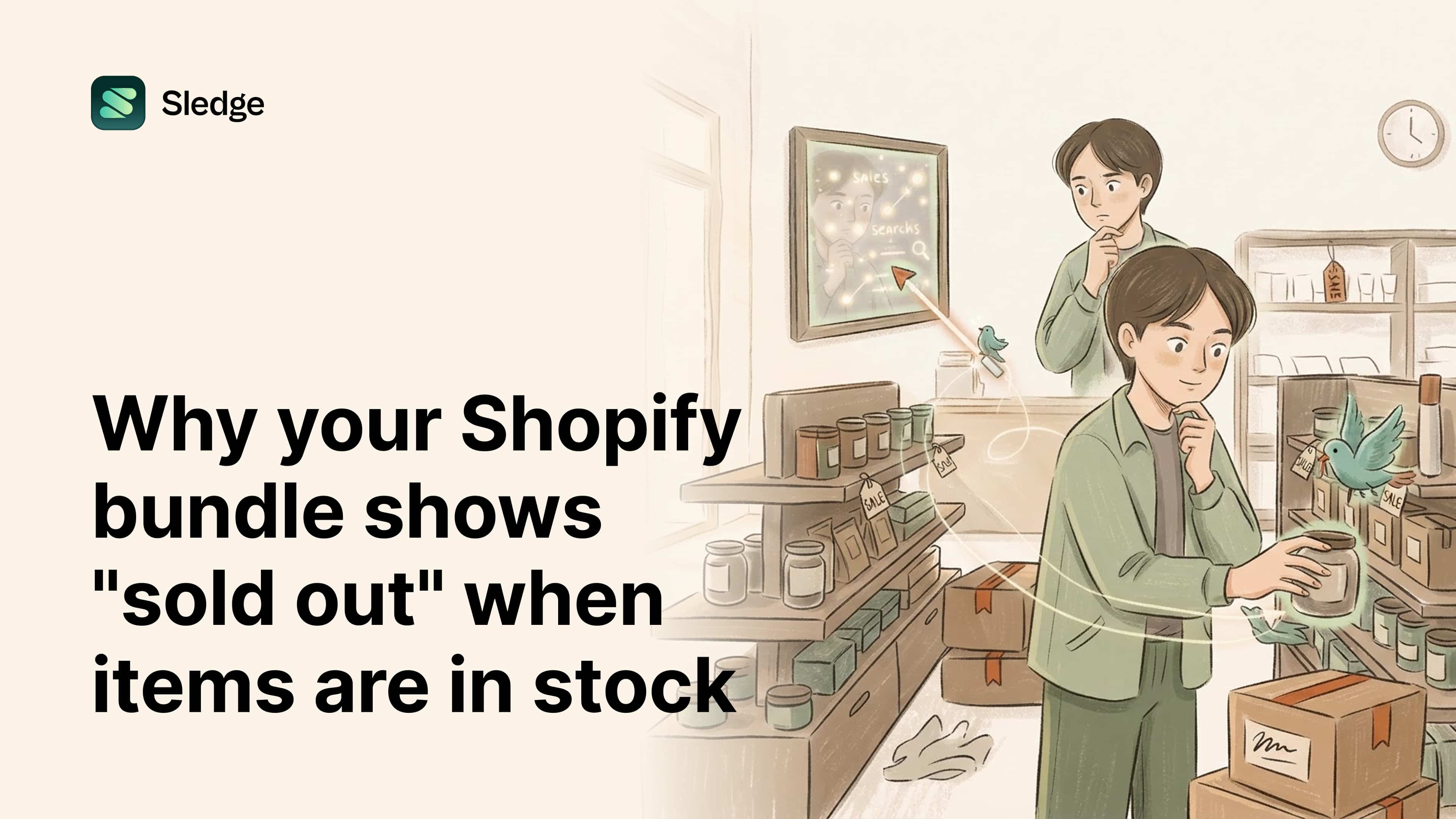 Two puzzled shopkeepers study a stocked shelf and a wall chart of sales and searches for the item reading sold out