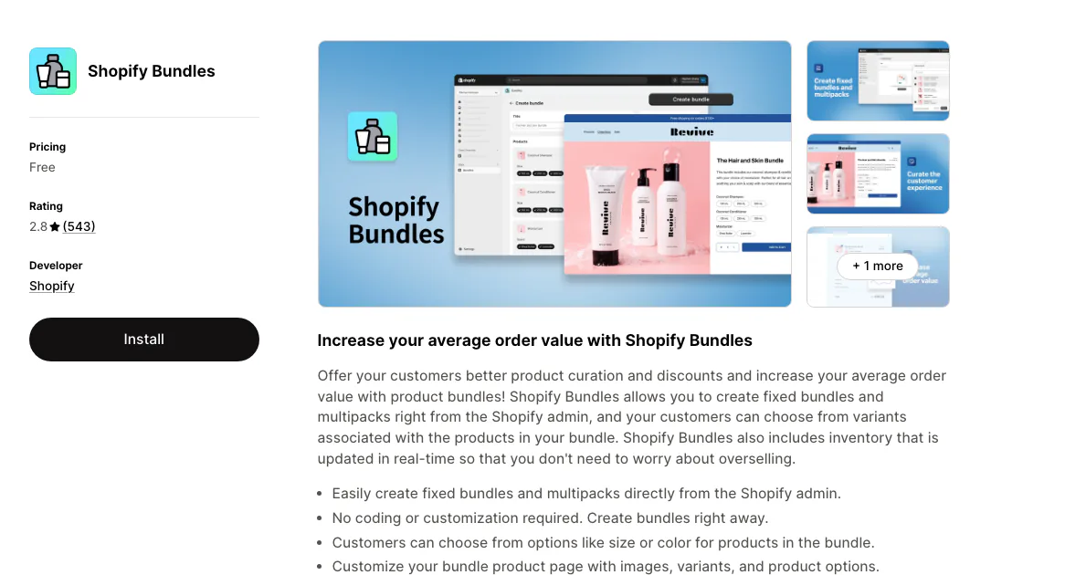 The Shopify Bundles listing on the Shopify App Store, published by Shopify, rated 2.8 from 543 reviews and free.