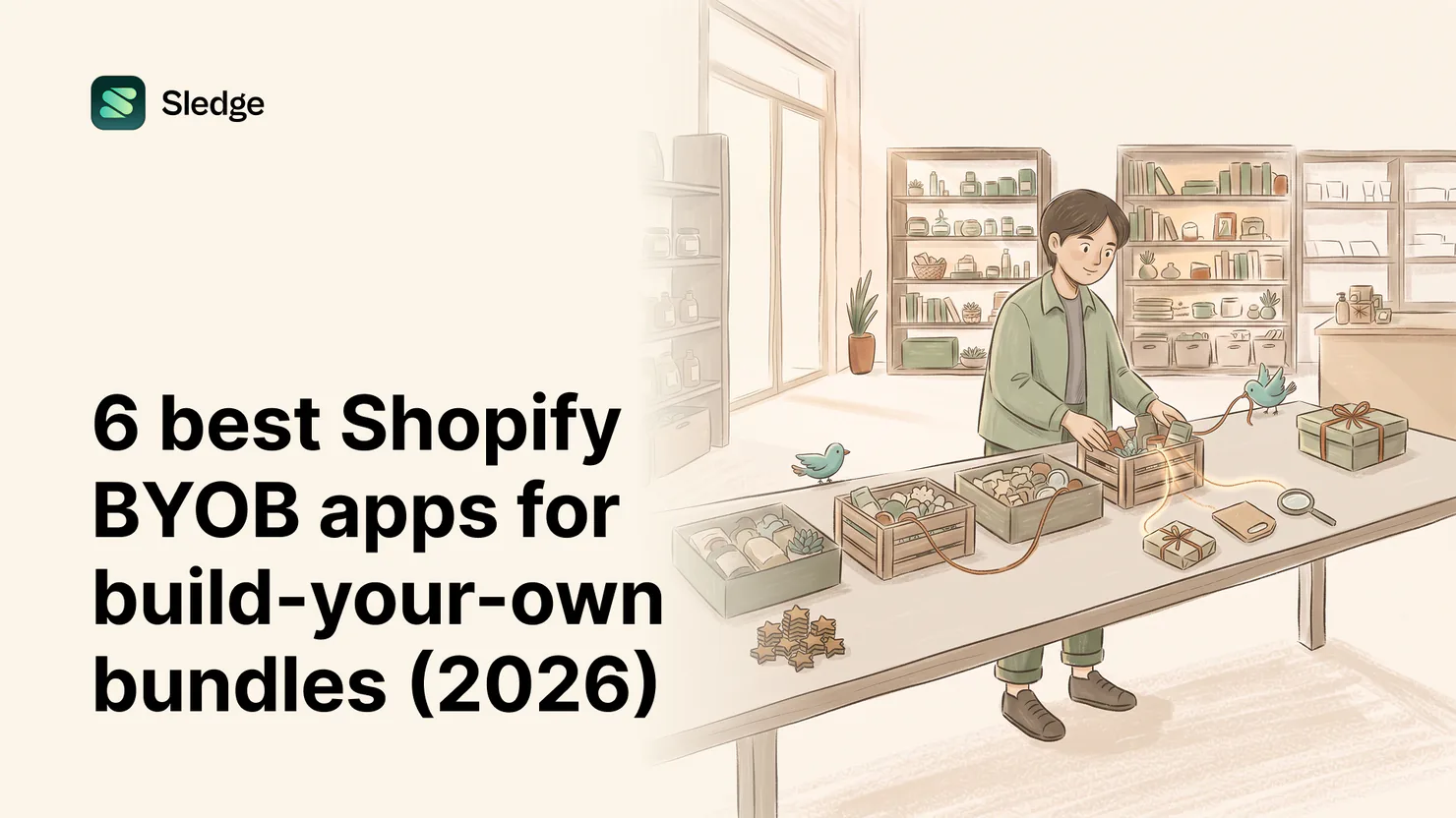 An illustrated Sledge shopkeeper packing gift boxes and crates at a counter, birds carrying ribbon between shelves, for '6 best Shopify BYOB apps for build-your-own bundles.'