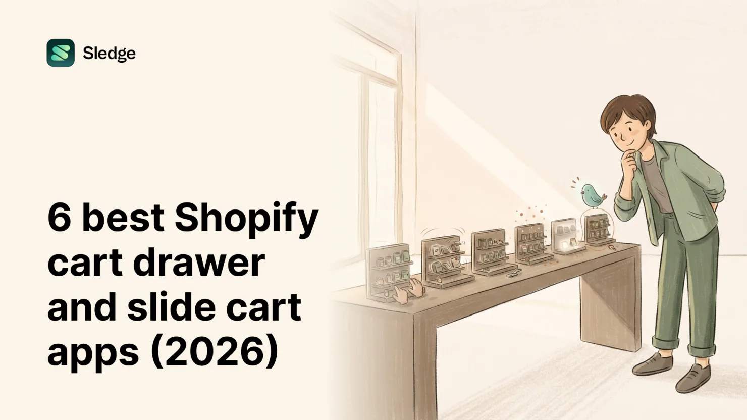 A shop owner leans over a bench lined with six small display cases, comparing what each one holds.