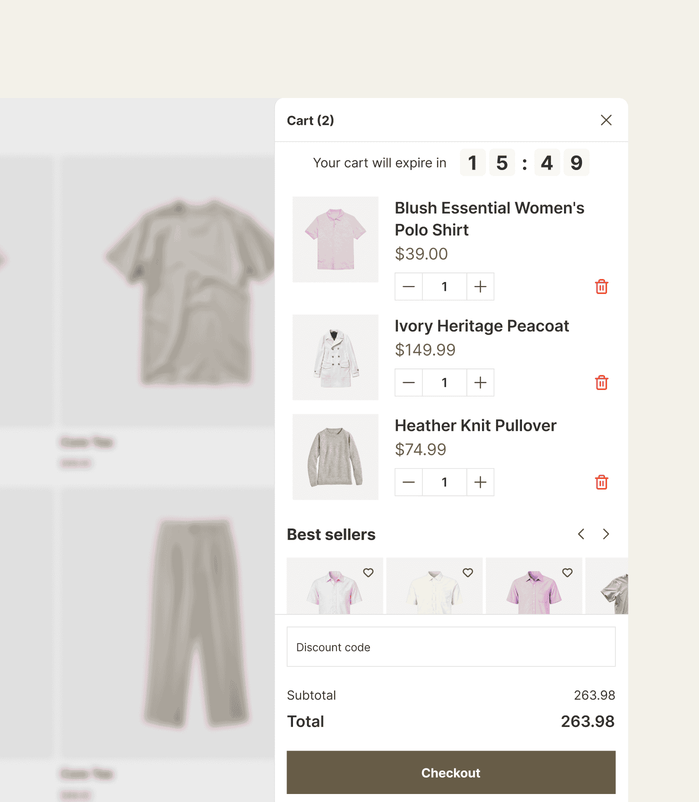 A Shopify cart drawer built from blocks: countdown, bundle offer, recommendations, discount code, and checkout.