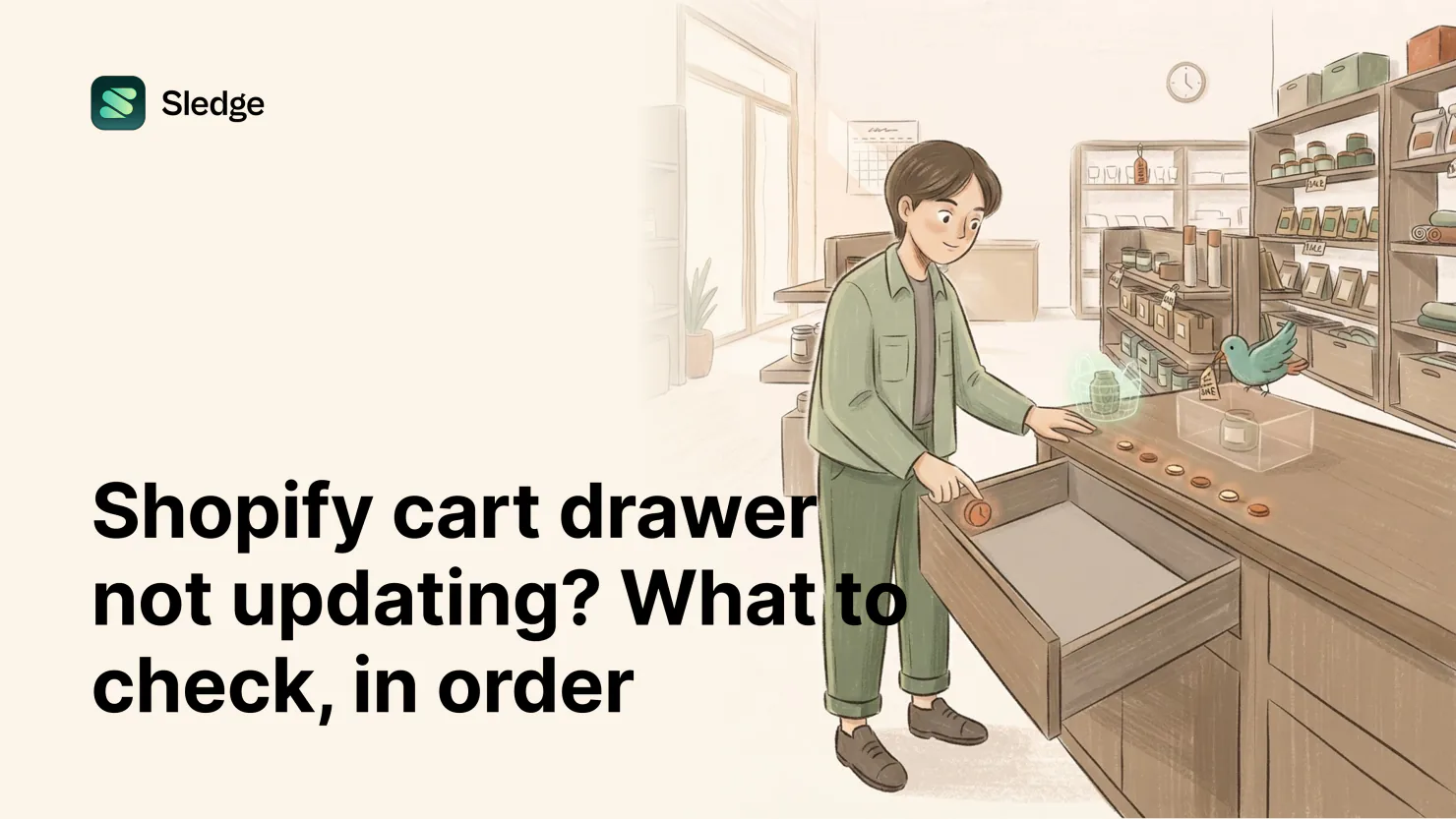 A shopkeeper opens a wooden drawer at the counter while a bird perches beside a tagged candle, with a glowing jar and a row of small coin-like dots along the counter.