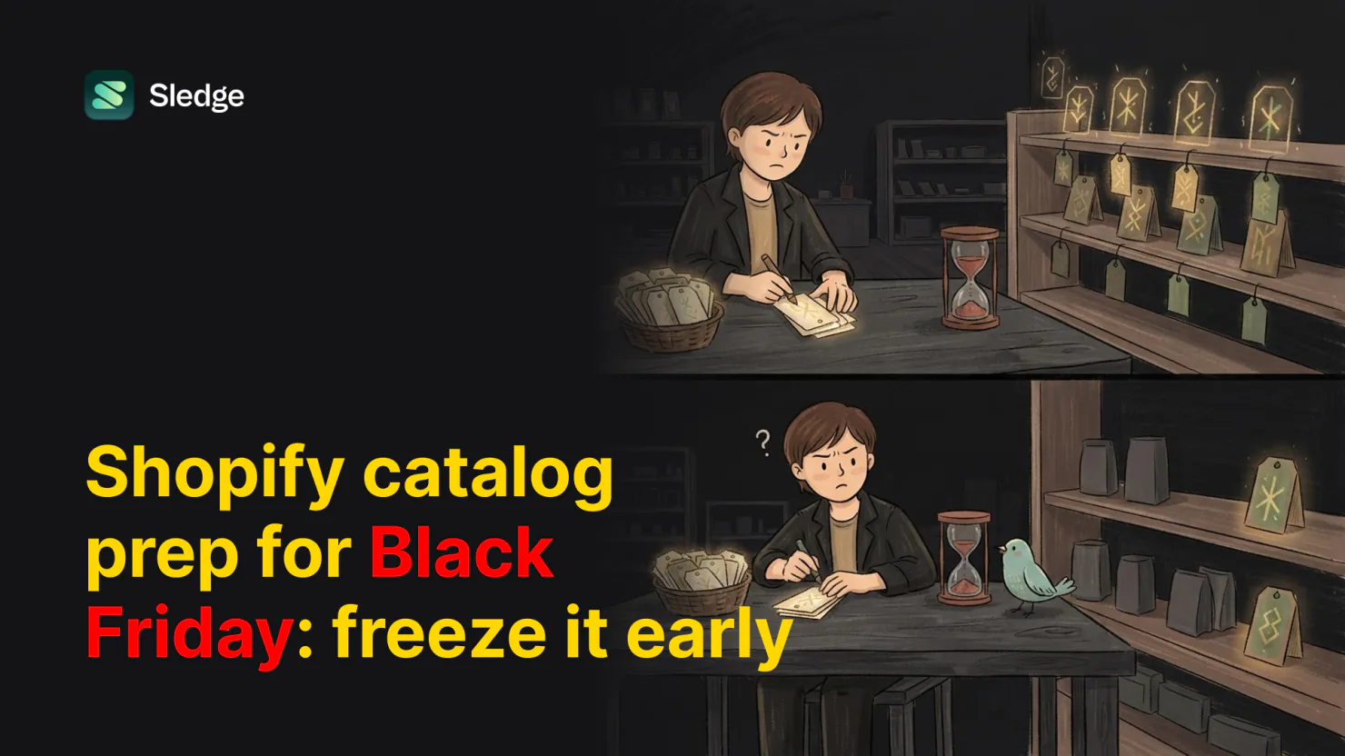 A shopkeeper writes on a glowing tag at a workbench, a basket of blank tags at their elbow and an hourglass running, while a teal bird watches shelves of labelled tags behind.