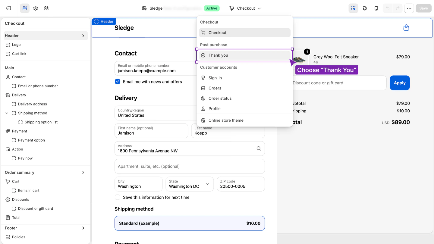 The checkout editor's page selector open, with Thank you highlighted under Post purchase.
