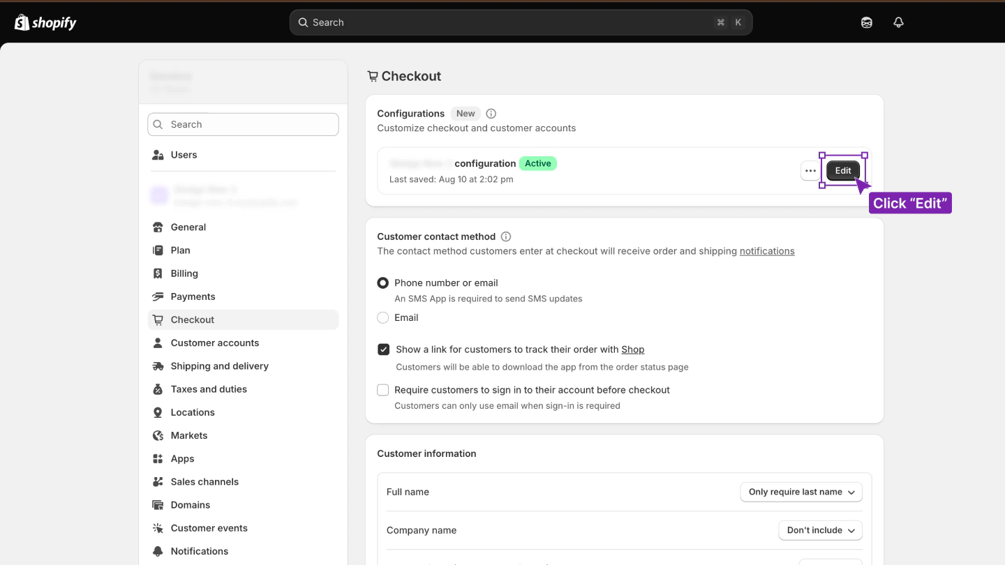 Shopify admin Settings, Checkout page, with Edit highlighted on the active configuration.