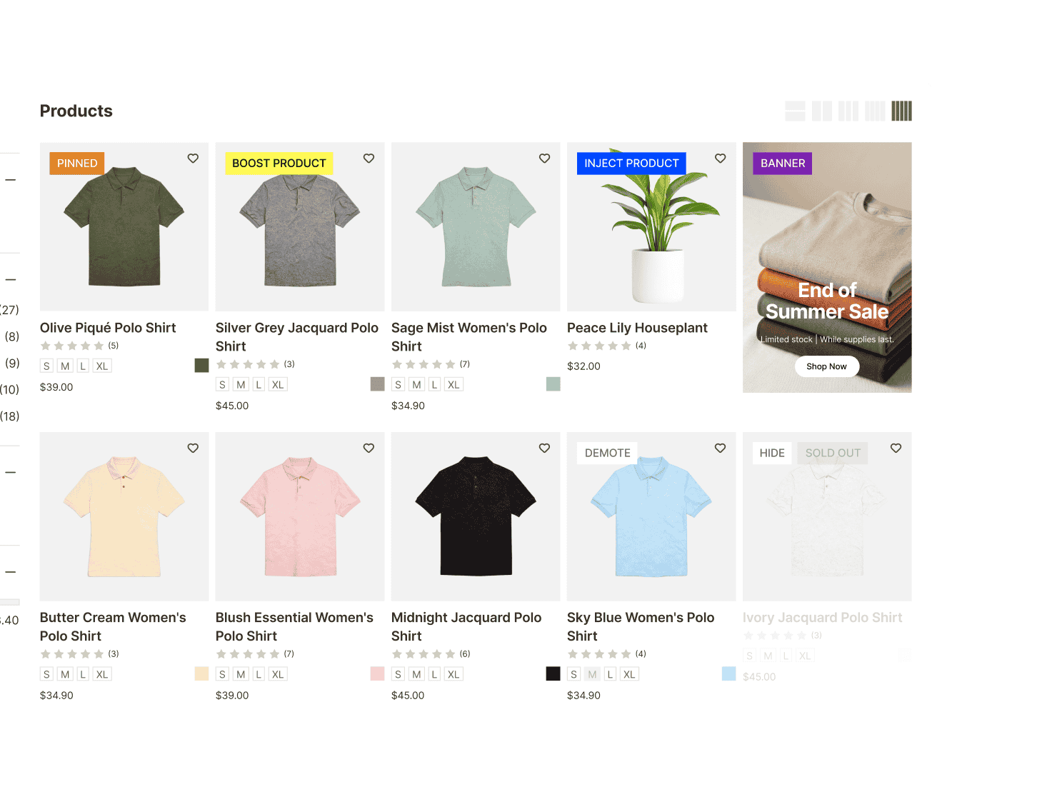 A Shopify collection being merchandised by rule, with bundles, badges, and pinned products in place.