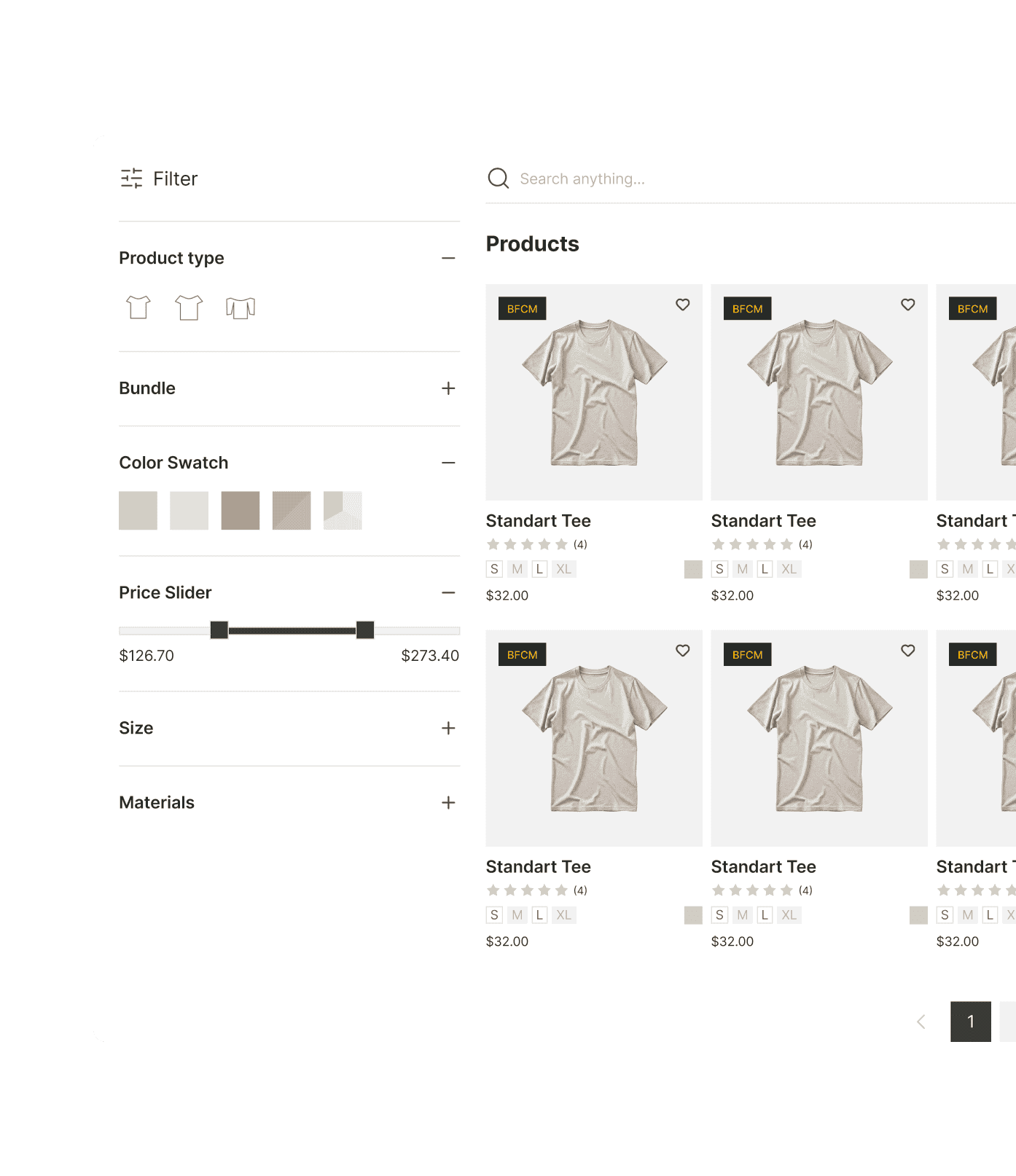 A Shopify collection page with Sledge filters for product type, colour swatch, price slider, size, and materials.