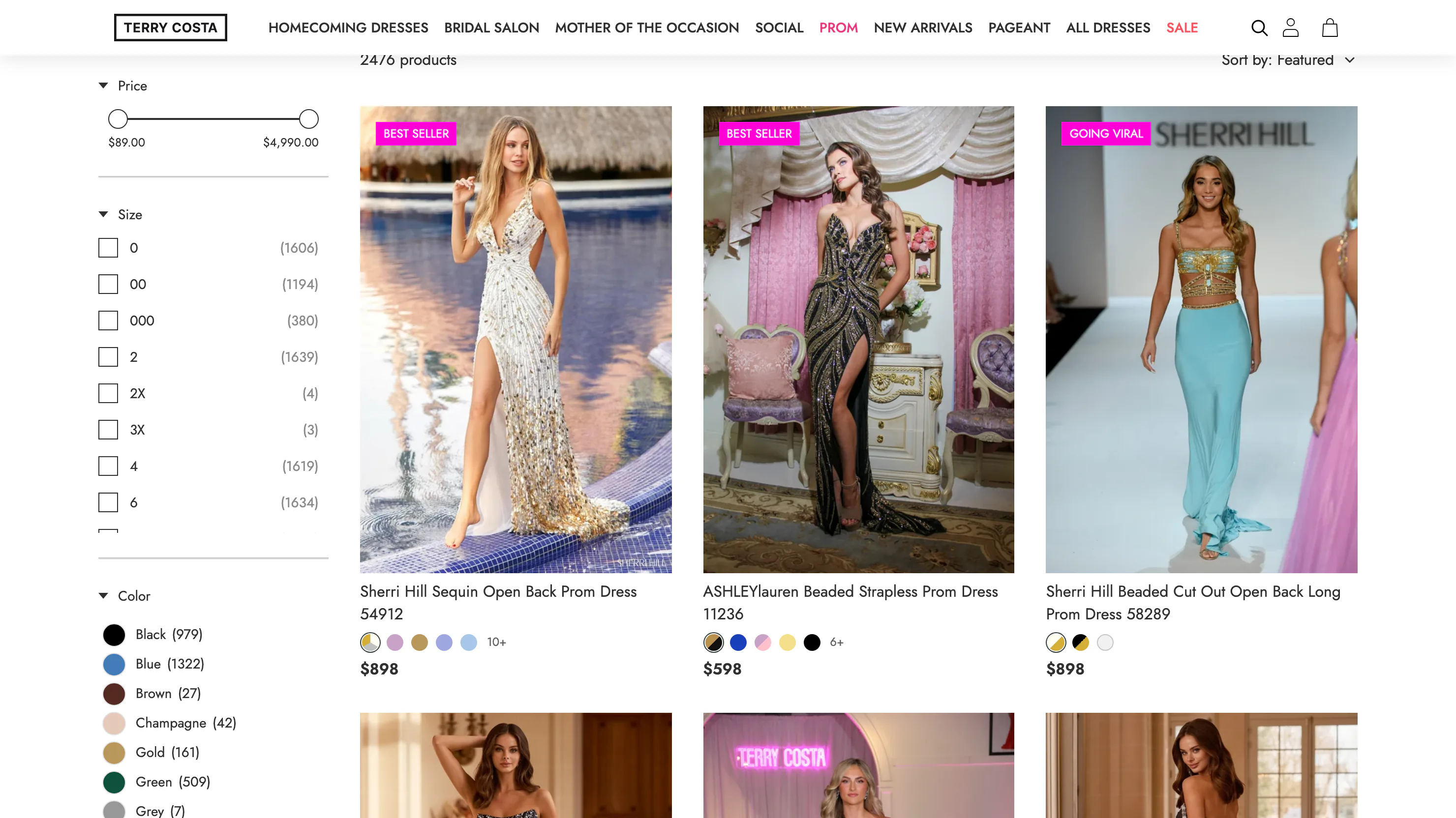 A dress shop filter rail showing a price range, a size list with a count beside each size, and colors grouped into families with their own counts.