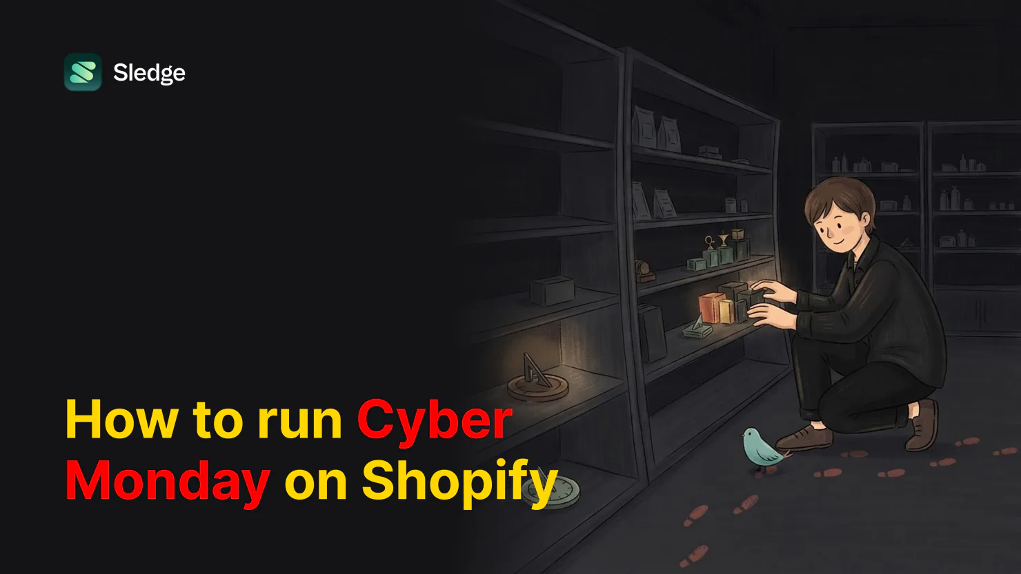 A shopkeeper crouches at mostly empty shelves in a dark shop, moving the last few boxes into a pool of light, with a teal bird and a trail of footprints on the floor.