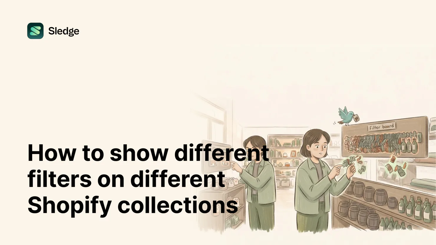 Two shopkeepers pull tags off a crowded filter board on the wall while a teal bird on top carries one away.