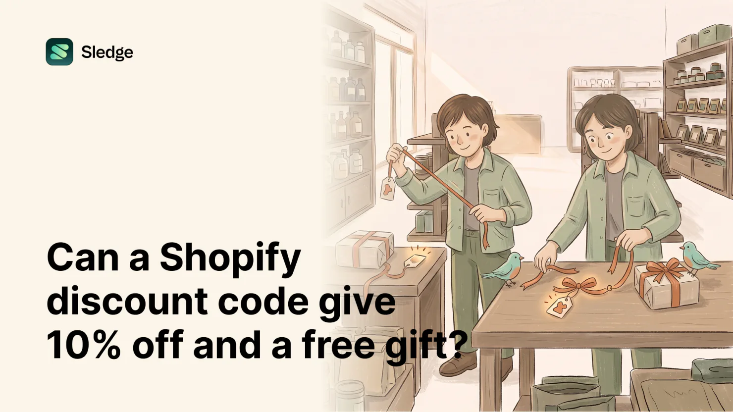 Two shopkeepers tie ribbons and gift tags onto wrapped boxes at a shop counter, a teal bird perched at the table's edge.