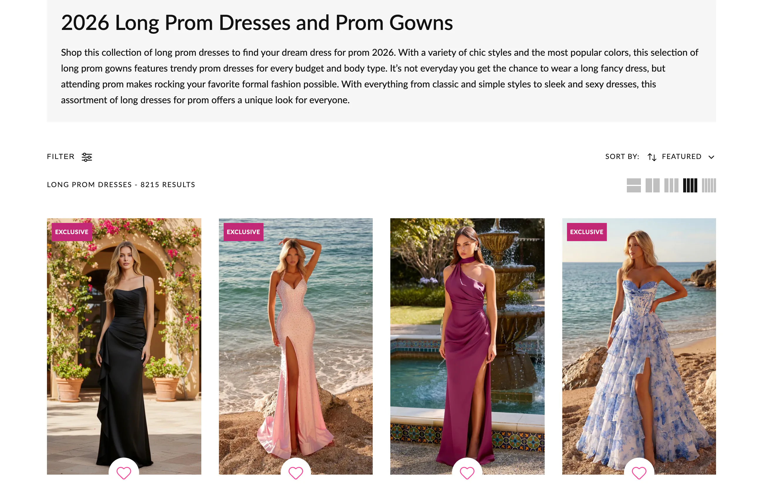 A prom dress collection page showing a filter control above a grid, with the collection's result count reading 8215.