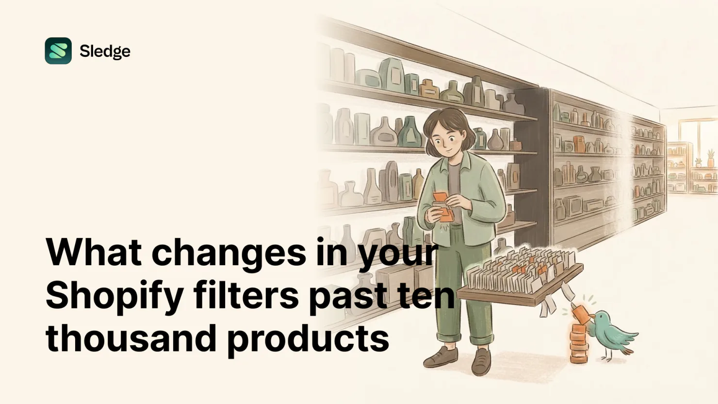 A shopkeeper in a long aisle of shelves full of jars and vases sorts a handful of orange tags, beside a small table crowded with rows of paper tags, while a teal bird stacks glowing orange blocks.