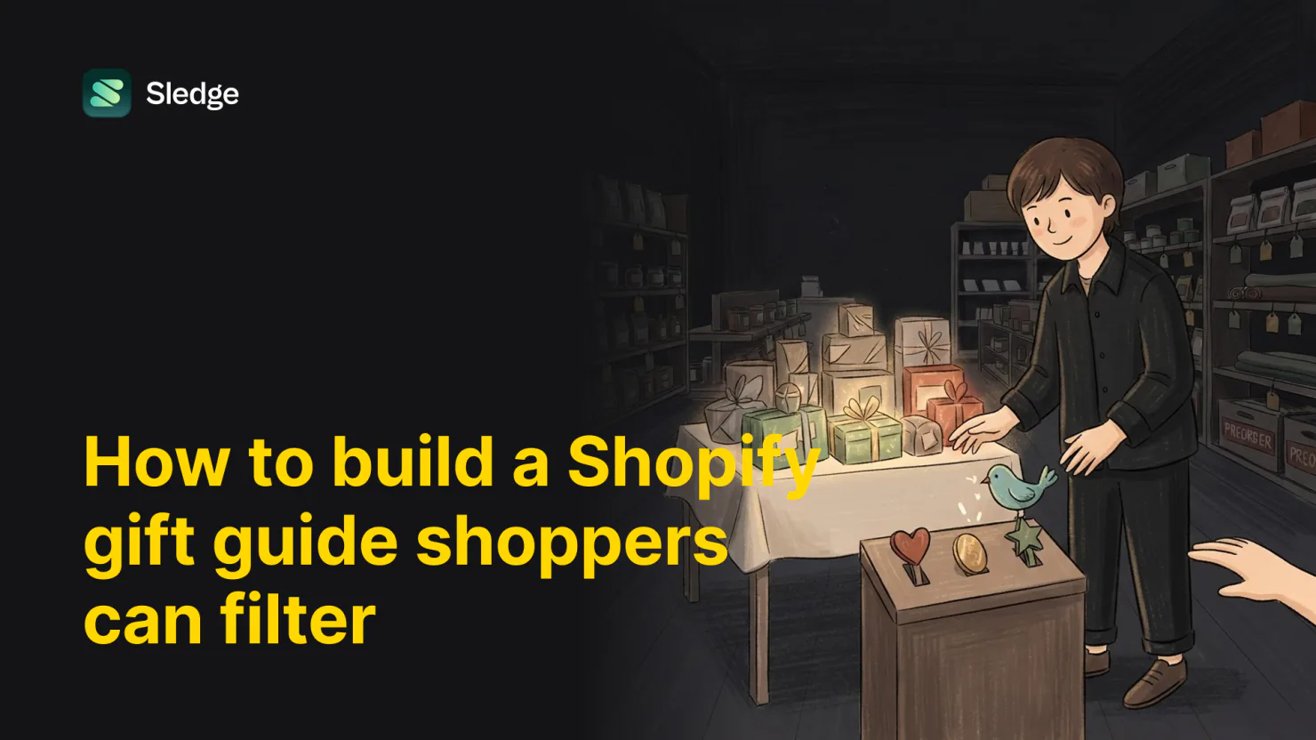 A shopkeeper sorts wrapped gifts into labelled baskets, a teal bird dropping a tag reading for her into the wrong basket, one basket glowing where the labels finally match.