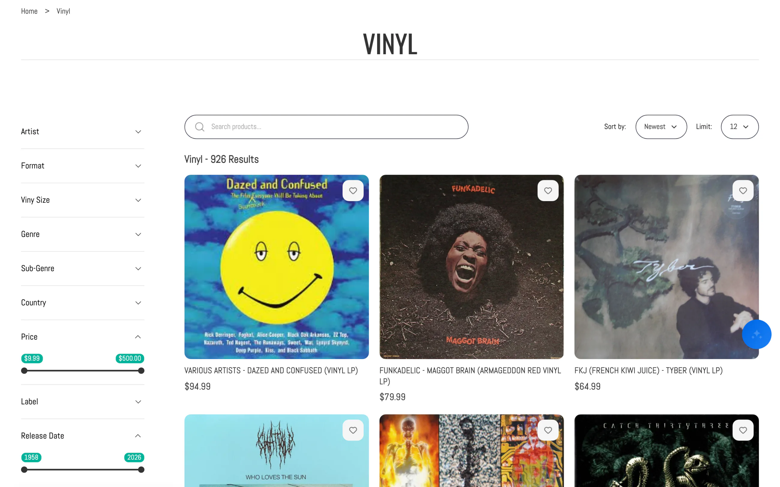 A storefront filter rail with Artist, Format, Genre, Sub-Genre, Country, Label and Release Date groups, a price slider and a release-year range.